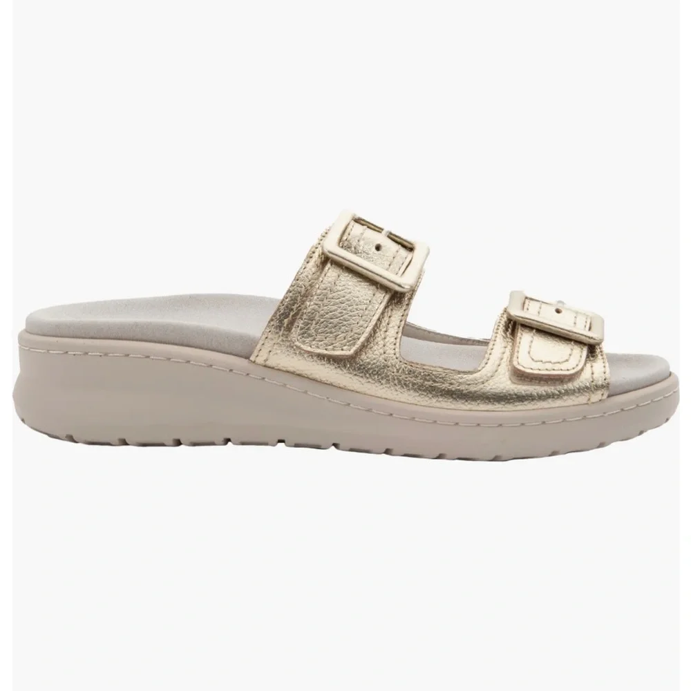 David Tate Frenchy Double Band Slide Sandal Metallic Pebbled Leather, Sz 9